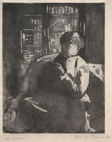Knitting in the Library, c. 1881. Mary Cassatt (American, 1844-1926). Soft-ground etching and