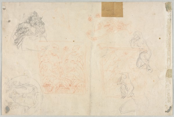 Various Sketches of Figures and Plants (verso), 19th century. Anonymous. Red chalk and graphite;