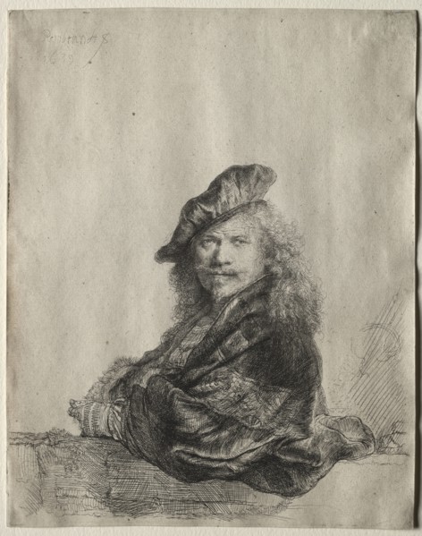 Self-Portrait Leaning on a Stone Sill, 1639. Rembrandt van Rijn (Dutch, 1606-1669). Etching and
