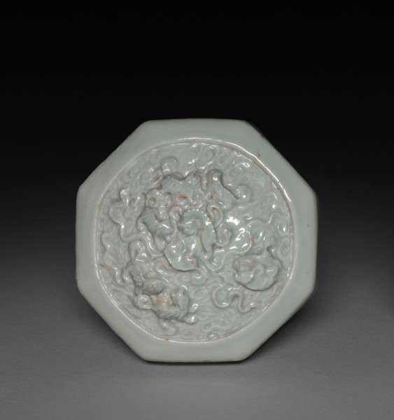 Hexagonal Covered Box with Lions in Relief: Qingbai Ware (lid), 1300-1325. China, Jiangxi province,