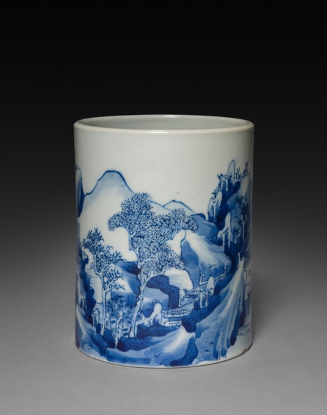 Brush Pot with Landscape, 1662-1722. China, Jiangxi province, Jingdezhen kilns, Qing dynasty