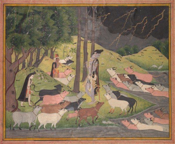 Krishna Summoning the Cows, c. 1780-1790. India, Pahari Hills, Bilaspur school, 18th century. Ink