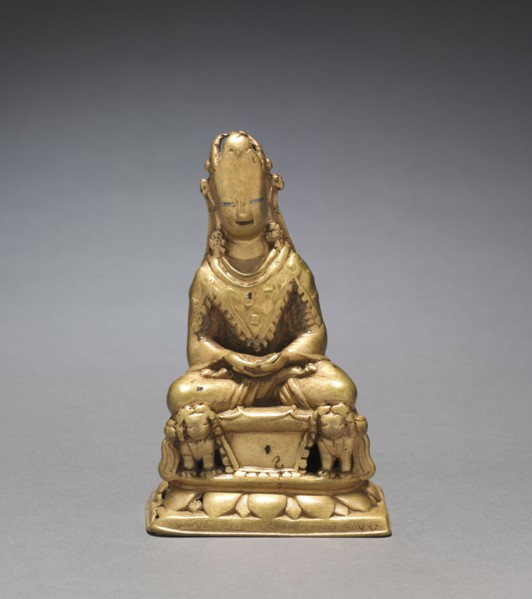 Crowned Buddha Seated on a Lion Throne, 700s. India, Kashmir, 8th century. Brass; overall: 15.6 cm