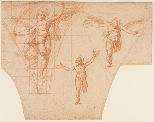Three Studies of  Angels for a Pendentive (recto), 1599/1604. Cristofano Roncalli (Italian,
