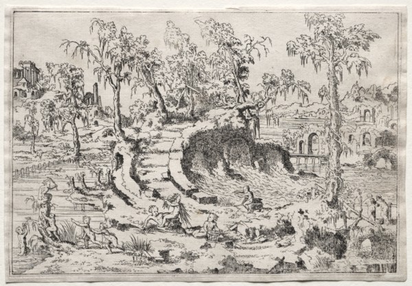 Landscapes: Landscape with Putti, c. 1550. Léon Davent (French). Etching; sheet: 17 x 24.8 cm (6