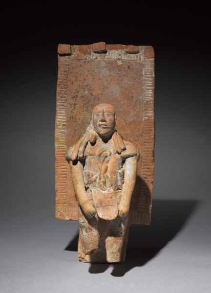 Figurine with Back Rack, 300-900. Mexico, Maya, Jaina style. Molded and modeled pottery with traces