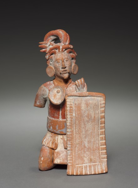 Warrior Figurine with Shield, 600-900. Mexico, Classic Maya, Jaina style. Molded and modeled