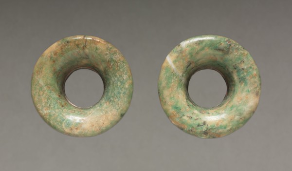 Pair of Ear Ornaments, 150-200. Central Mexico, Teotihuacán style, Classic Period. Jadeite-albitite