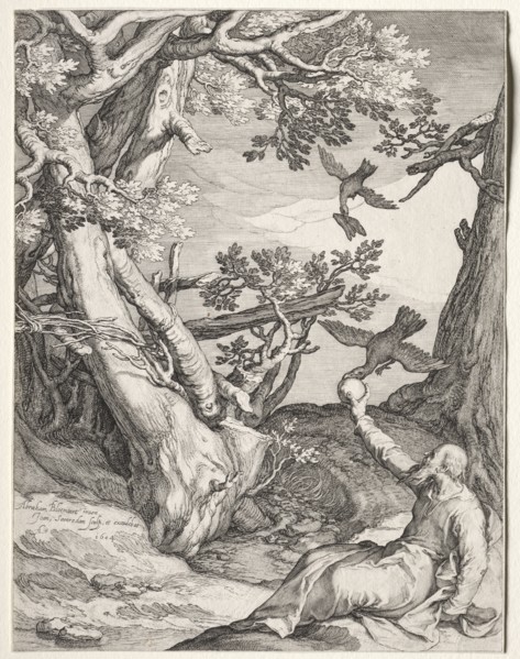 Scenes of the Prophet Elijah: Elijah in the Wilderness Fed by Ravens, 1604. Jan Saenredam (Dutch,