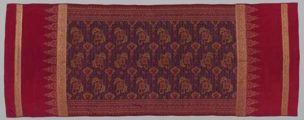 Shoulder Cloth, 1800s. Indonesia, Sumatra, Palembang, 19th century. Weft ikat and gold, tabby