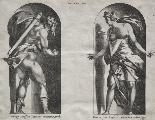 Cephalus and Procris in two Niches, 1538-1540. René Boyvin (French, c. 1525-aft 1580), after Rosso