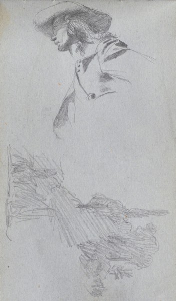 Sketchbook, page 27: Detail Study for " On a Terrace" and Landscape Study. Ernest Meissonier