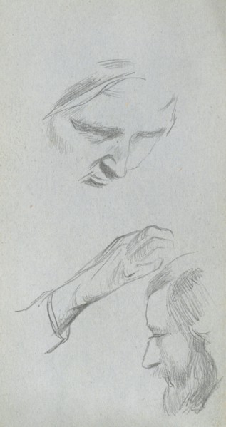 Sketchbook, page 70: Study of Two Faces and a Hand. Ernest Meissonier (French, 1815-1891).