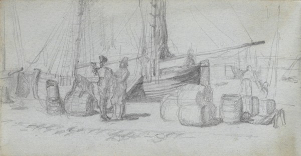 Sketchbook, page 50: Boats, Figures, Cargo on a Beach. Ernest Meissonier (French, 1815-1891).