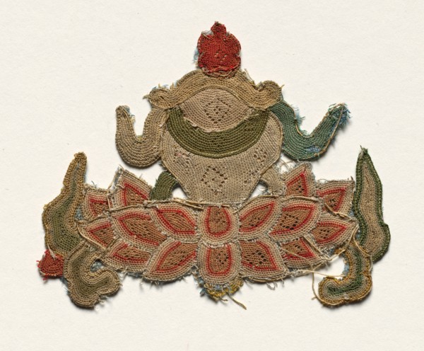 Fragment of Lotus Flower surrounded by Leaves, 1300s. China, 14th century. Embroidery,