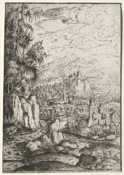 Landscape with a Road to a Castle on an Island in a River, 1554. Hanns Lautensack (German,