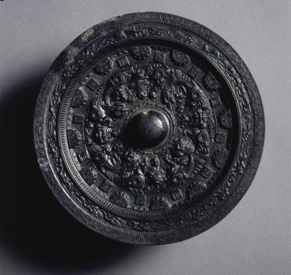 Mirror with Deities and Animals Surrounded by Rings of Squares and Semicircles, late 2nd-early 3rd