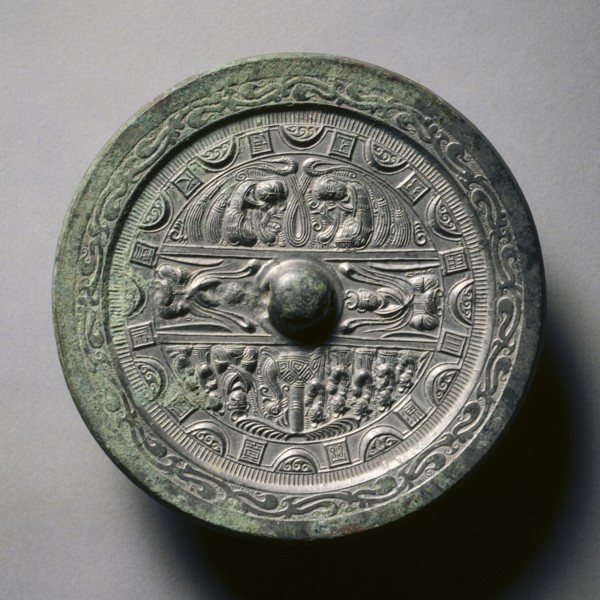 Mirror Featuring Deities and Kings in Three Sections Surrounded by Rings of Squares and