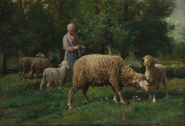 Shepherdess with Sheep, c. 1876. Charles-Émile Jacque (French, 1813-1894). Oil on wood panel;