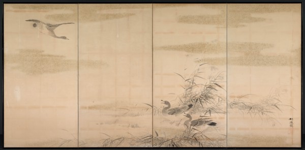 Geese, Reeds, and Water, 1800s. Yamamoto Baiitsu (Japanese, 1783-1856). Pair of four-panel folding