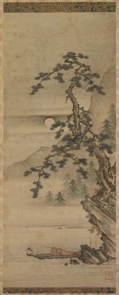 Moonlit Landscape of Pine Tree with Old Man in Boat, Muromachi period, 1392-1573. Oguri Sotan