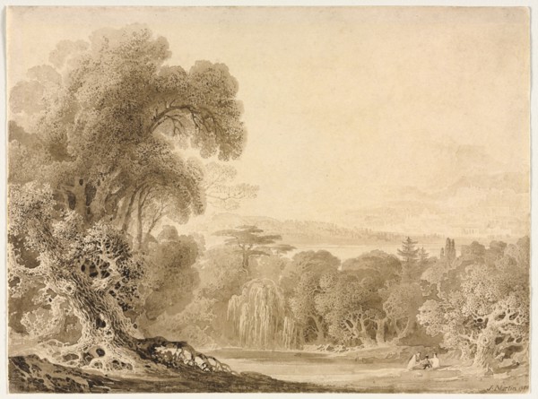 Figures Seated by a Lake in a Wooded Landscape, 1820. John Martin (British, 1789-1854). Brown wash