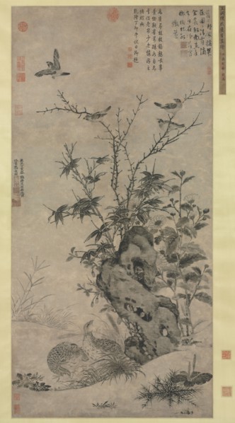 Quails and Sparrows in an Autumn Scene, 1347. Wang Yuan (Chinese, c. 1299-after 1366). Hanging