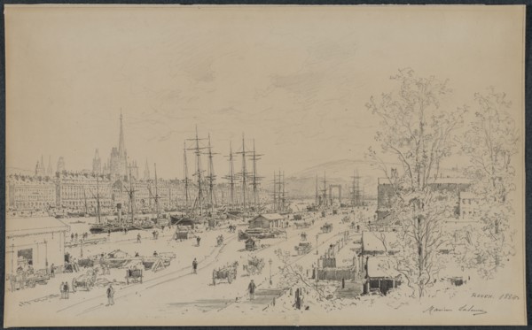Port of Rouen, 1884. Maxime Lalanne (French, 1827-1886). Graphite; sheet: 30.9 x 49.9 cm (12 3/16 x