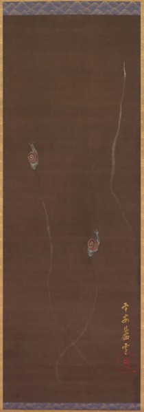 Snails on a Wall, 1700s. Nagasawa Rosetsu (Japanese, 1754-1799). Hanging scroll, ink, color, gold