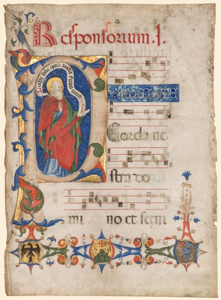 Leaf from an Antiphonary: Historiated Initial P with the Prophet Samuel; Arms of the Visconti