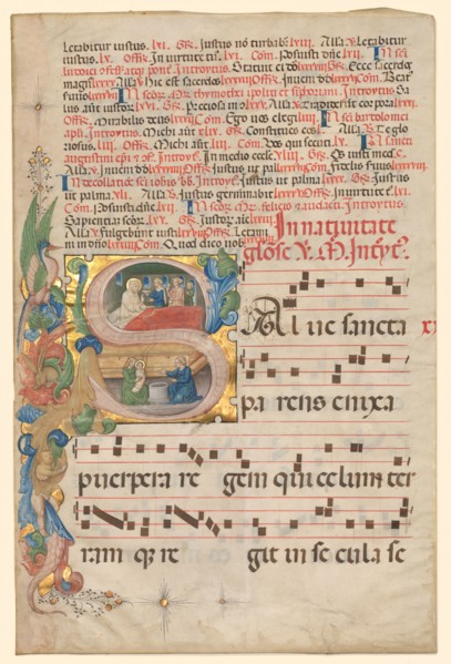 Leaf from a Gradual: Historiated Initial S[alve Sancta Parens] with Birth of the Virgin (recto), c.