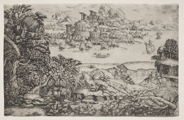 Landscape with a Temple above a Lake, 16th century. Monogrammist HI (Italian), and Monogrammist DB