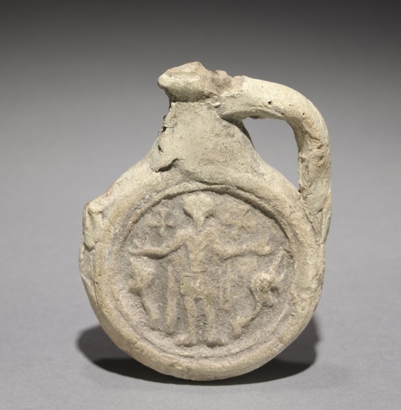 Pilgrim's Flask with Saint Menas, 400-600. Egypt, Coptic, 400s-500s. Terracotta; overall: 6.7 x 7.2