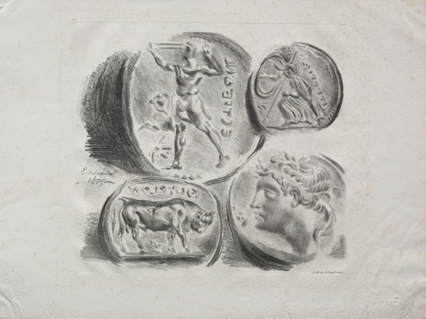 Sheet of Four Antique Medals, 1825. Eugène Delacroix (French, 1798-1863). Lithograph; sheet: 23.5 x
