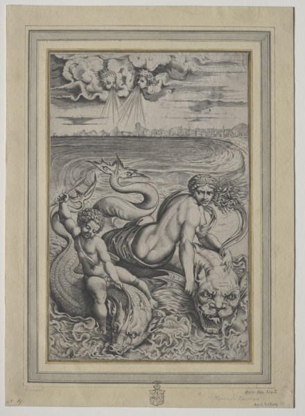 Love and Cupid Carried by Dolphins, 1500s. Marco Dente (Italian, c. 1486-1527), retouched by