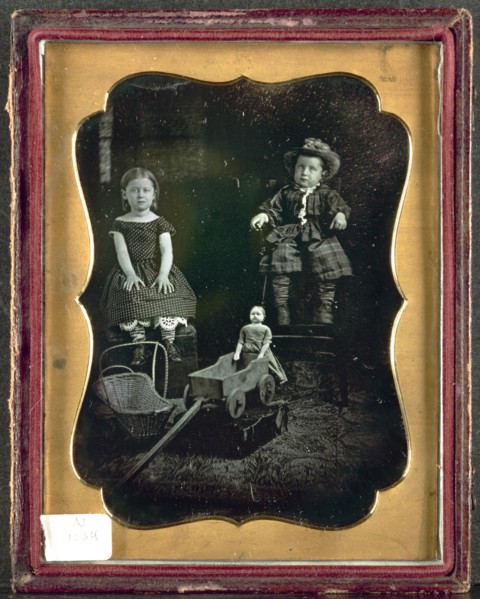 Two Children with Toys, c. 1855. Unidentified Photographer. Daguerreotype, quarter-plate; image: 10