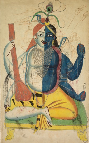 Hari-Hara, 1800s. India, Calcutta, Kalighat painting, 19th century. Black ink, color and silver