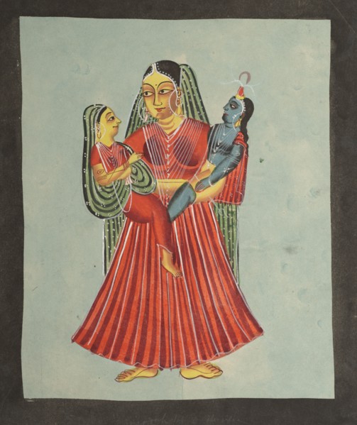 Yasoda Holding Krishna and Radha, 1800s. India, Calcutta, Kalighat painting, 19th century. Black