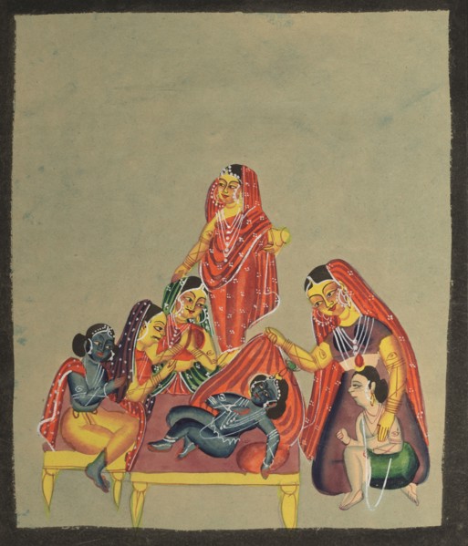 Worship of the Infant Krishna, 1800s. India, Calcutta, Kalighat painting, 19th century. Ink, color,