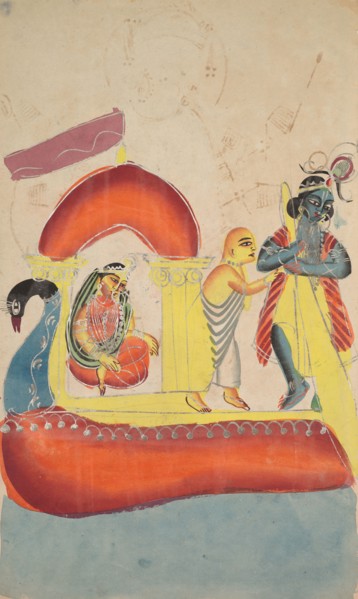 Krishna Ferrying Radha Across the Yamuna River, 1800s. India, Calcutta, Kalighat painting, 19th