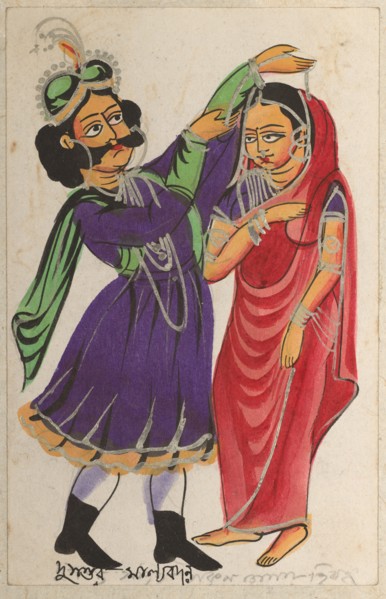 Dusmanta Garlanding Shakumtala, 1800s. India, Calcutta, Kalighat painting, 19th century. Black ink,