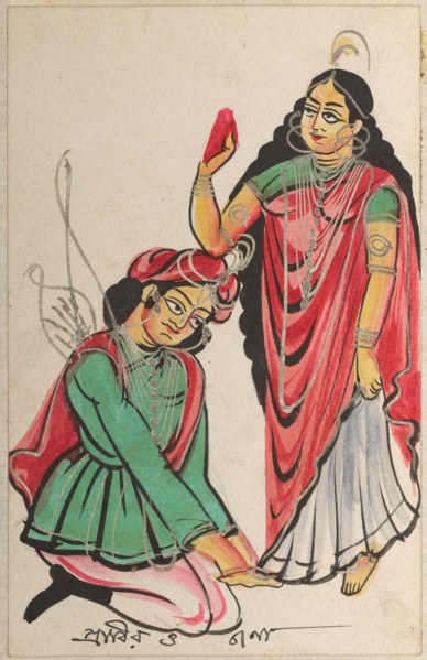 Pravira Kneeling at the Feet of Jana, 1800s. India, Calcutta, Kalighat painting, 19th century.