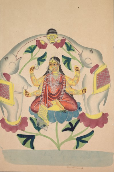 Gajalakshmi: Lakshmi with Elephants, 1800s. India, Calcutta, Kalighat painting, 19th century. Black