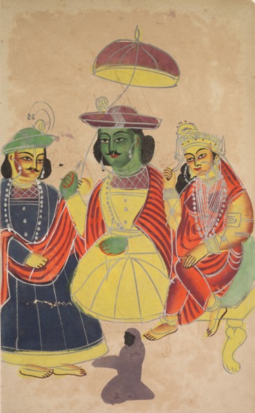Rama and Sita Enthroned with Lakshmana and Hanuman Attending, 1800s. India, Calcutta, Kalighat
