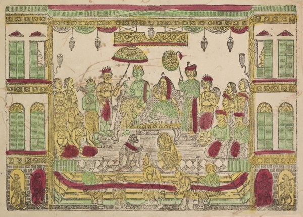 Rama and Sita in Royal Palace, 1800s. Shri Gobinda Chandra Roy. Woodcut with black ink and