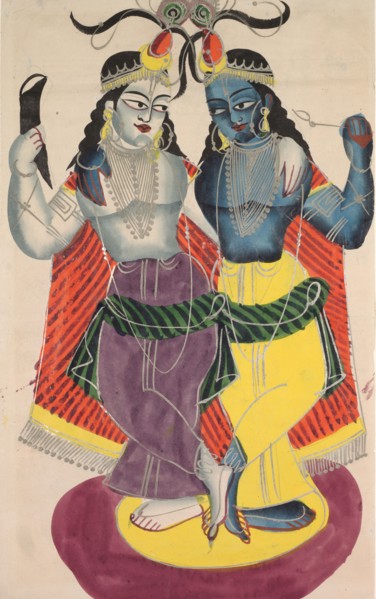 Balarama and Krishna, 1800s. India, Calcutta, Kalighat painting, 19th century. Black ink,