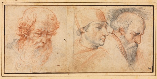 Three Head Studies, 1600s. Italy, 17th century. Red and black chalk; sheet: 8.4 x 18.6 cm (3 5/16 x