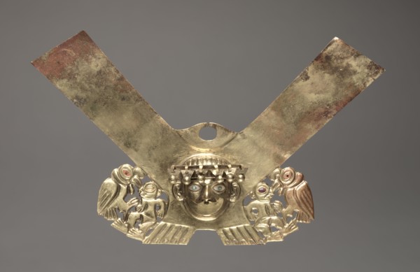 Nose Ornament with Human Head and Condors Attacking Humans, c. 100-300. Peru, North Coast, Moche