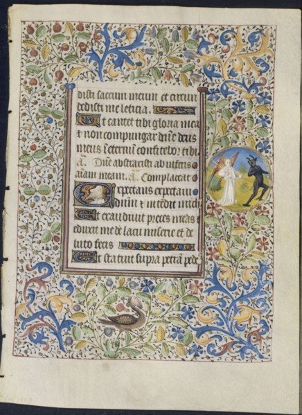 Leaf from a Book of Hours: Angel Chasing a Devil (recto), c. 1460. Circle of Coëtivy Master