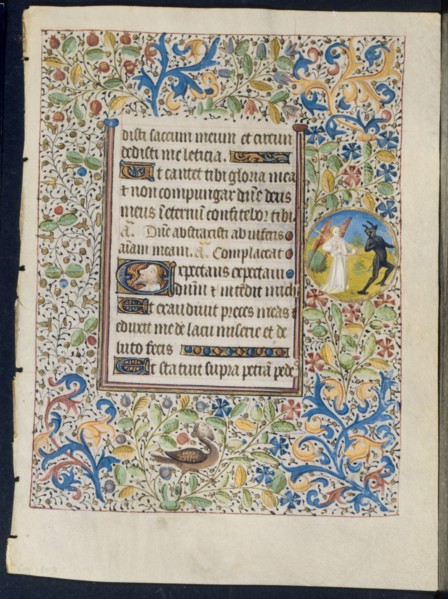 Leaf from a Book of Hours: Angel Chasing a Devil (recto) and Two Devils (verso), c. 1460. Circle of